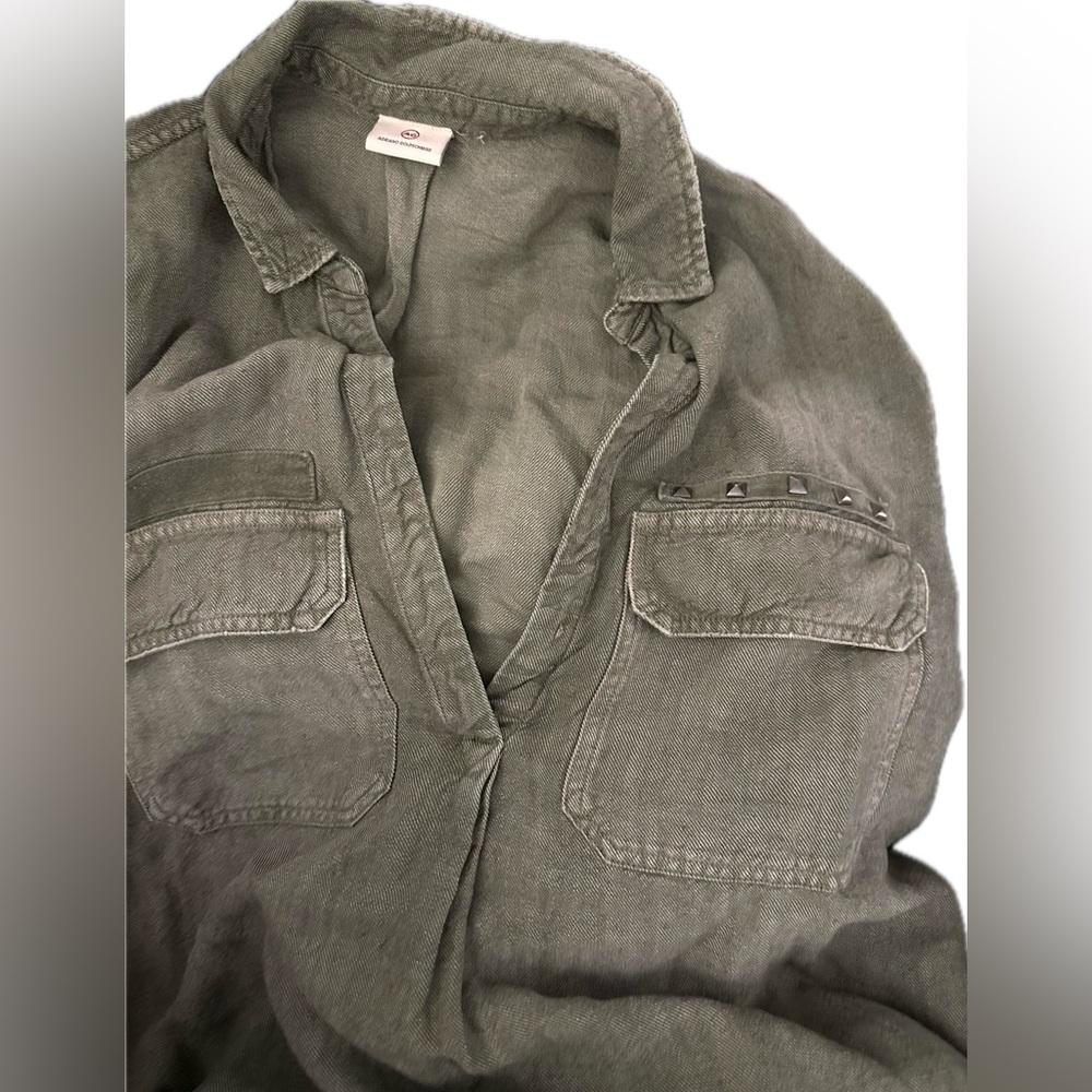 Adriano Goldschmied Anson V-neck Top Army Olive Green Tencel Linen Studded L - Picture 5 of 6